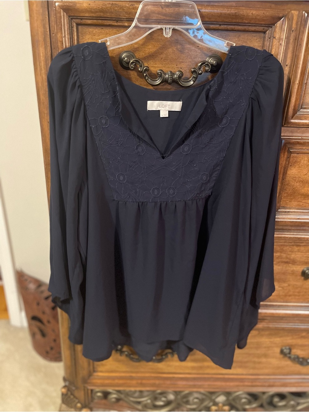 LOFT Navy Embroidered V-Neck Peasant Top